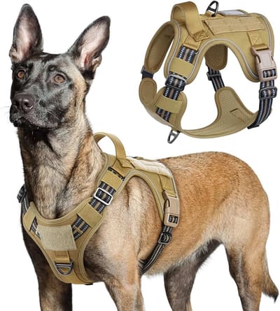 rabbitgoo Hondentuig No-Pull, Tactische Hondentuigje met Molle Paneel en Handvat, Reflecterend Verstelbare Hondenharnas voor Grote Hond, Borst Harnas Honden voor Wandelen Training, Bruin, L