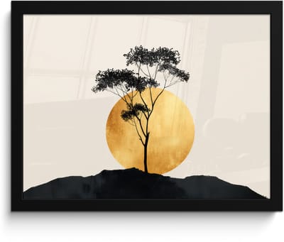 Poster in lijst - Fotolijst 40x30 cm - Posters - Zwarte boom - Gouden cirkel - Heuvel - Posterlijst zwart - Decoratie - Wanddecoratie woonkamer - Muurdecoratie slaapkamer