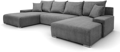 Hoekbank Lauren U-vorm, 348x188 cm met Slaapfunctie en Opbergbak, 5-zits, Opbergruimte voor Beddengoed, Grote bank, Hoekbank, Corduroy, Grijs