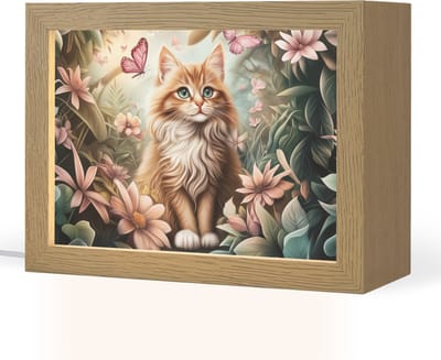 Nachtlampje 20x15 cm - Kinder lampje - Kat - Bloemen - Vlinders - Roze - Tafellamp kinderkamer - Slaapkamer lamp - Bedlamp kinderen - Kinderlampje stopcontact - Wandlamp babykamer - Nachtlampjes