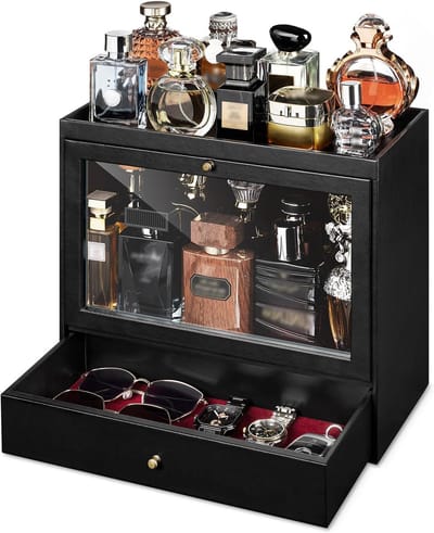 Heren Parfum Organizer met Lades, Luxe Parfum Rack met Transparante Deksel, Ideale Opbergdoos voor Geuren, Cosmetica en Sieraden, Perfect Cadeau voor Mannen