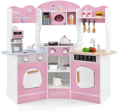 COSTWAY Kinderkeuken met accessoires, hoekspeelkeuken van hout met licht en geluid, houten keuken met koffiezetapparaat, magnetron, wasmachine, oven, hoekspeelkeuken voor kinderen vanaf 3 jaar