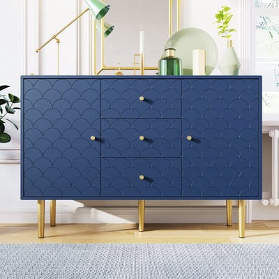 KOMHTOM Nachtkastje Salontafel Kast met 2 deuren en 3 laden met verstelbare planken voor woon- en slaapkamer, marineblauw