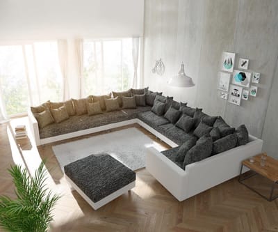Bank Clovis XXL wit zwart met hocker en armleuning ottomaans Links woonlandschap