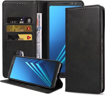 Smartphonica Samsung Galaxy A8 2018 kunstleren hoesje met magnetische sluiting en pashouders book case - zwart geschikt voor Samsung Galaxy A8 (2018)