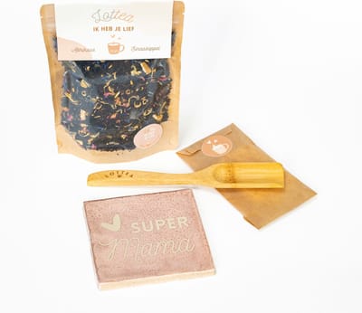 Lottea Giftset Tegeltje 'Super Mama' - moederdag cadeau, cadeau voor mama, cadeau voor vrouw, cadeau voor haar, thee cadeau, thee cadeau, theeset, tegeltjes met tekst, brievenbus cadeau