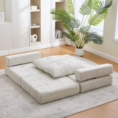 REDOM - Opvouwbare Slaapbank - Met Hoofd- En Lendenkussen - Voor Woonkamer Of Logeerkamer - Chenille - Beige - 79 X 79 X 57 Cm