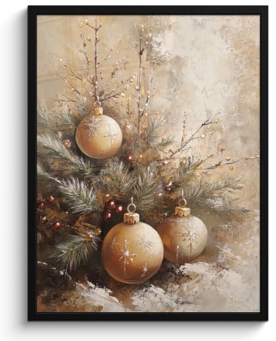 Poster in lijst - Fotolijst 50x70 cm - Posters - Kerst - Kerstballen - Beige - Goud - Posterlijst zwart - Decoratie - Wanddecoratie woonkamer - Kerstdecoratie voor binnen - Kerstversiering - Kerstmis versiering in huis - Kerstaccessoires