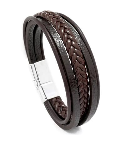 Leerella Echte Leer Armband dames heren – 4 snoer – Bruin gevlochten leer rond - zilver RVS sluiting - Armband van gevlochten van touw – Moederdag Vaderdag Valentijnsdag Verjaardag 20.5 cm