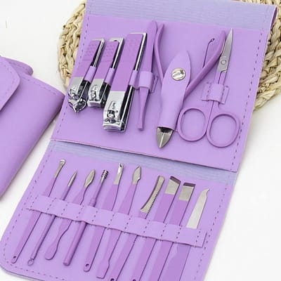 Sxhlseller Stalen Professionele Manicure-pedicure-verzorgingsset voor Het Knippen van Nagels Gemakkelijk op Te Bergen 16-delige Set voor Thuisreizen (PURPLE)