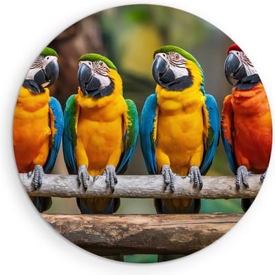 Saammp Muurcirkel Hout - 4 papegaaien op tak - Dieren - Bloemen - Ø 90 - Wandcirkel - Wanddecoratie Cirkel - muurdecoratie Woonkamer - Slaapkamer decoratie - Rond Schilderij