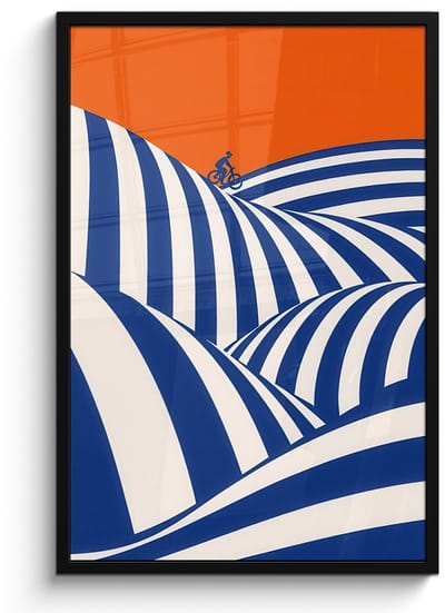 Poster in lijst - Fotolijst 60x90 cm - Posters - Fietser - Heuvels - Strepen - Blauw - Posterlijst zwart - Decoratie - Wanddecoratie woonkamer - Muurdecoratie slaapkamer