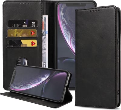 Smartphonica iPhone Xr leren hoesje met magnetische sluiting - Zwart geschikt voor Apple iPhone XR