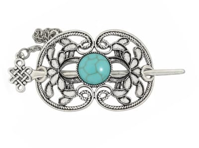 Haarspeld met pin - antiek zilverkleurig - metaal - keltische stijl - open motief - turqoise steen - indianen - country style