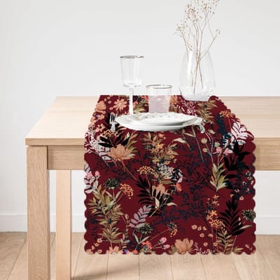 Bedrukt Velvet textiel Tafelloper - Runner 45x220- Bloemen op bordeaux - Decor - Decoratie - Tafellaken - Tafelkleden