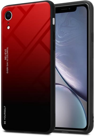 Cadorabo Hoesje geschikt voor Apple iPhone XR in ROOD - ZWART - Tweekleurige beschermhoes van TPU-silicone Case Cover en achterzijde van gehard glas