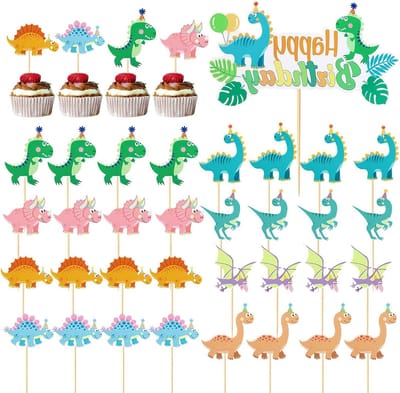 32 Dinosaurusthema Taartinserts en 1 Grote Gelukkige Verjaardag Insert, Schattige Cake Decoraties voor Feestjes en Verjaardagen