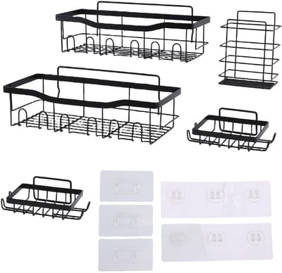 Doucherek Zonder Boren – Sterke Verstelbare Wand Organizer – Badkamer & Keuken Opslag Set met Haken – Carbon Staal