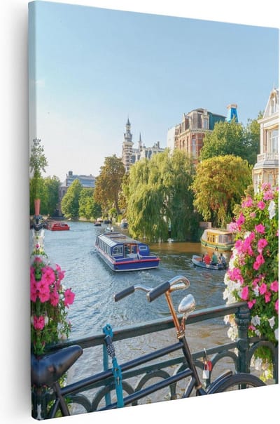 Artaza Canvas Schilderij Grachten Amsterdam - 40x50 cm - Muurdecoratie Bloemen - Wanddecoratie Fiets - Kamer Accessoires Woonkamer