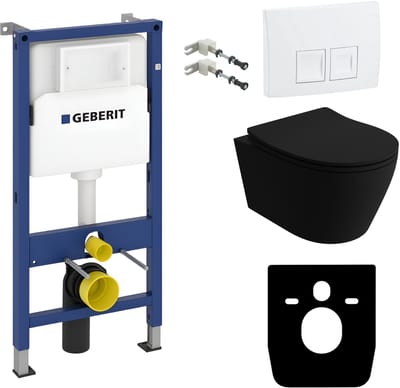 Inbouwreservoir Complete Toiletset Geberit Duofix Basic - Inbouw WC Hangtoilet Wandcloset PRAIA BLACK Zwart Mat - Bedieningsplaat DELTA Wit - Voorwandelement - Installatiesysteem