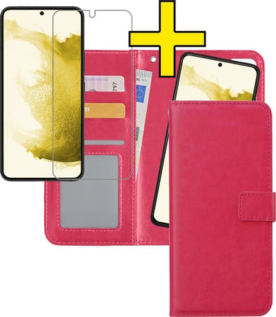 Hoesje - 2 in 1 - Geschikt voor Samsung Galaxy S22 - Met Screenprotector - En Uitneembare Hard Cover - Bookcase - Wallet Case - Met Pasjeshouder - Book Case - Uitneembaar - Pashouder - Kunstleer - Telefoonhoesjes - Donkerroze