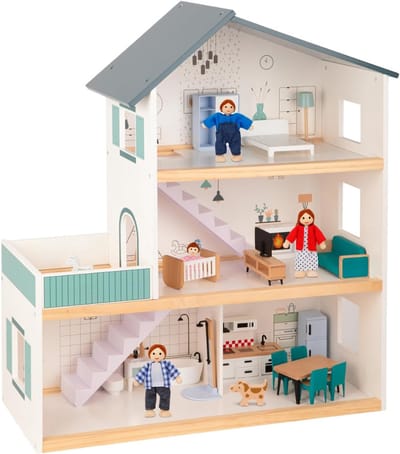 DailySupplies® Poppenhuis - Houten Poppenhuis met Meubels - Kinderspeelgoed 1 jaar en Ouder - Grijs en Wit