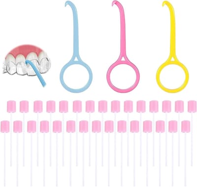 3 Stuks Apparaat Verwijdering Tools en 30 Wegwerp Sponsjes voor Mondreiniging, Onzichtbare Orthodontische Verwijderaar en Tandheelkundige Accessoires