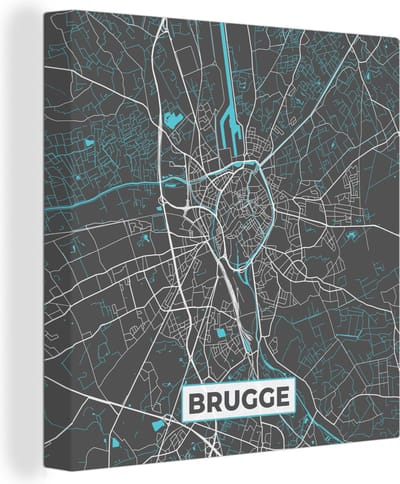Canvas Schilderij Plattegrond – Brugge – Blauw – Stadskaart - Kaart - België - 20x20 cm - Wanddecoratie