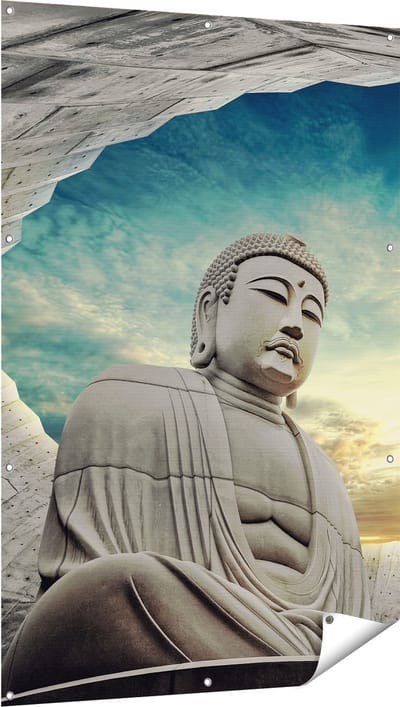 Gards Tuinposter Boeddha Beeld in het Park - 100x150 cm - Tuindoek - Tuindecoratie - Wanddecoratie buiten - Tuinschilderij