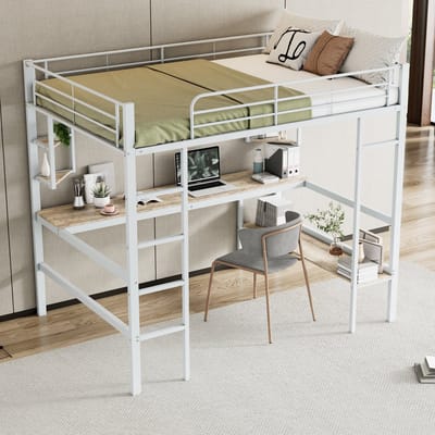 140x200 Cm Hoge Bed - Metalen Bedframe Met Bureau En Opbergplanken, Wit - EN747 Gecertificeerd Voor Kind En Tiener