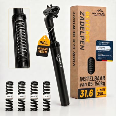 BikePeak verende zadelpen 31.6 mm diameter - 350 mm lang, incl. 4 verwisselbare veren voor lichaamsgewicht 65kg tot 150kg, Zadelpen met vering Zwart, ergonomische zadel veer, Duits Design