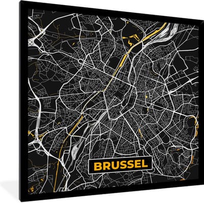 Fotolijst incl. Poster - Brussel - Kaart - Plattegrond - Stadskaart - Goud - 40x40 cm - Posterlijst