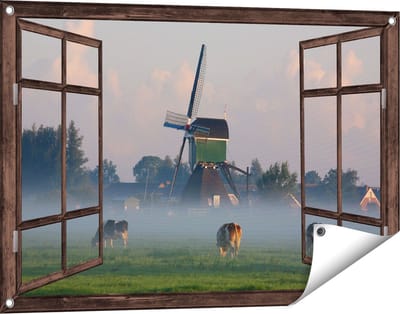 Gards Tuinposter Doorkijk Landschap met Koeien - 90x60 cm - Tuindoek - Tuindecoratie - Wanddecoratie buiten - Tuinschilderij