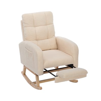 Schommelstoel - Bouclé Fauteuil - Relaxstoel-Stoel – Massief Hout –Hoge Rugleuning – Zijvakken - Ergonomisch - Babykamer - 132x50x99cm- 1 Stuk-Beige