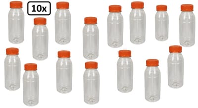 10x Flesje PET helder 250cc met vaste oranje dop - drink fles vruchten sap limonade drank
