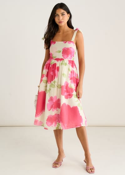 Midi-jurk met roze bloemenprint en bandjes