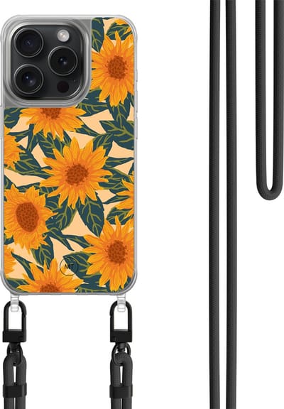 Hoesje met koord geschikt voor iPhone 14 Pro - Zonnebloemen - Inclusief zwart koord - Crossbody beschermhoes - Transparant, Oranje - Mooie Telefoonhoesjes