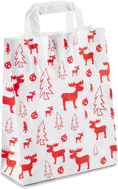 25 x papieren Kersttassen / Kerst draagtassen / Kersttasjes "Red Elk" Met Platte Oren 22 x 10 x 28cm - Wit | Rood