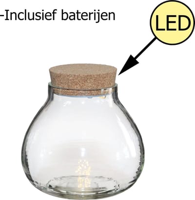 Ideas4seasons Pot/vaas van glas voor planten ecosysteem - deksel met LED verlichting - 15 x 14 cm