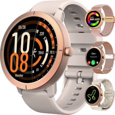 Synyq Evo Pro - GPS Smartwatch - 4 Bandjes - 42mm - AMOLED - 5ATM Waterdicht - Stappenteller - Hartslagmeter - Slaapmonitor - Multisport - Belfunctie - Bluetooth Smartwatch voor Dames en Heren - iOS & Android - Rosé Goud