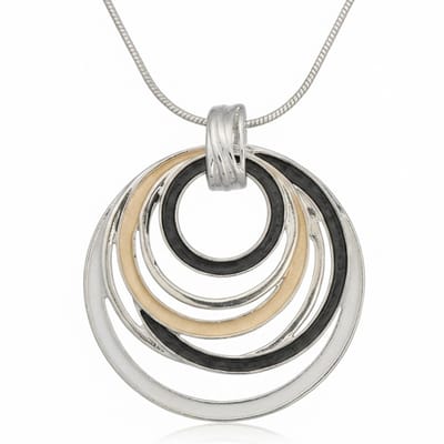 Zilverkleurige ketting met cirkelvormige hanger – ketting voor dames – fantasiehanger in zwart, beige en zilverkleur – minimalistische slangketting
