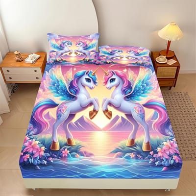 Drap-housse Licorne Taille Simple Pour Enfants Filles Adolescents, Ensemble de Draps de Lit Dessin Animé Arc-en-Ciel Mignon Drap Animaux avec 1 Taie d'Oreiller 75*50 90x200cm