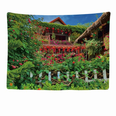 Ulticool - Planten Tuin Vietnam Lantaarn Hekje Buiten Hekwerk - Wandkleed - 200x150 cm - Groot wandtapijt - Poster - Groen Rood