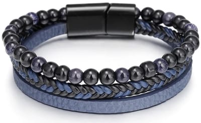 Armband Heren - Blauw Leer met Zwarte Kralen - Leren Armbanden - Kralenarmband - Papa Cadeau Voor Mannen - Vaderdag