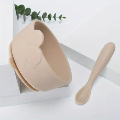 Vavida Siliconen Bakje - Baby - Beige - Met Lepel - Zuignap - BPA-vrij - Leuk Als Kraamcadeau