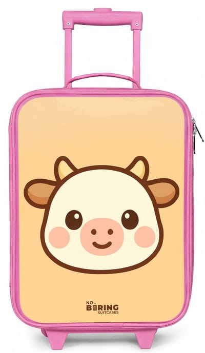 NoBoringSuitcases.com® - Kinderkoffer roze - Kindertrolley meisje - Kawai - Koe - Bruin - Koffer kind lichtgewicht - Reiskoffer trolley voor kinderen - Koffertje met lichtgevende wieltjes - Rolkoffer