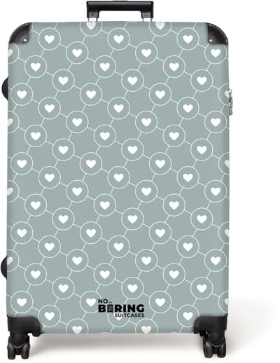 NoBoringSuitcases.com® - Koffer groot - Reiskoffer lichtgewicht - Grijsgroene achtergrond met witte hartjes - Rolkoffer met 4 wielen - Grote trolley XL - 98 liter bagage