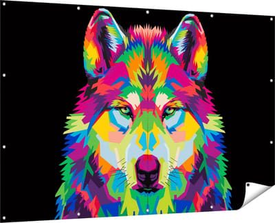 Gards Tuinposter Gekleurde Wolvenkop - Wolf - Abstract - 180x120 cm - Tuindoek - Tuindecoratie - Wanddecoratie buiten - Tuinschilderij