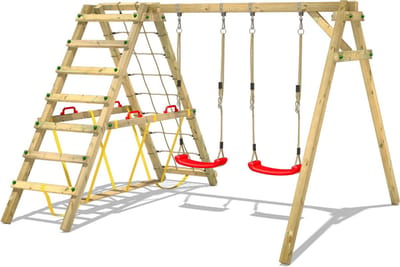 Wickey Smart Hike Speeltoestel - Dubbele schommel met Klimaanbouw en Evenwichtsbalk - Flexibele schommelverbinder - 315x260x215 cm - Rood