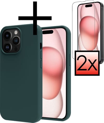 Hoesje - Met 2x Screenprotector - Geschikt voor Apple iPhone 15 Pro - Sterk & Shockproof - Back Cover - Siliconen Case - Telefoon Hoes - Donkergroen